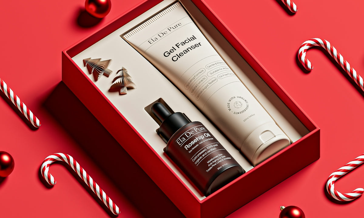 Christmas gift box with skincare products and candy canes