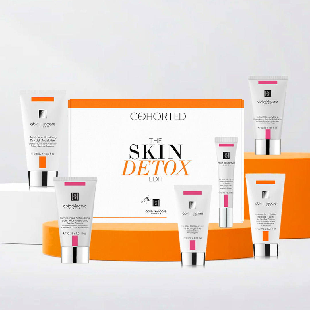 Cohorted, Subscription, Beauty Box, Able Skincare Skin Detox Beauty Box featuring luxury skincare products including moisturiser, hyaluronic serum, retinol serum, eye serum, primer and exfoliator. 