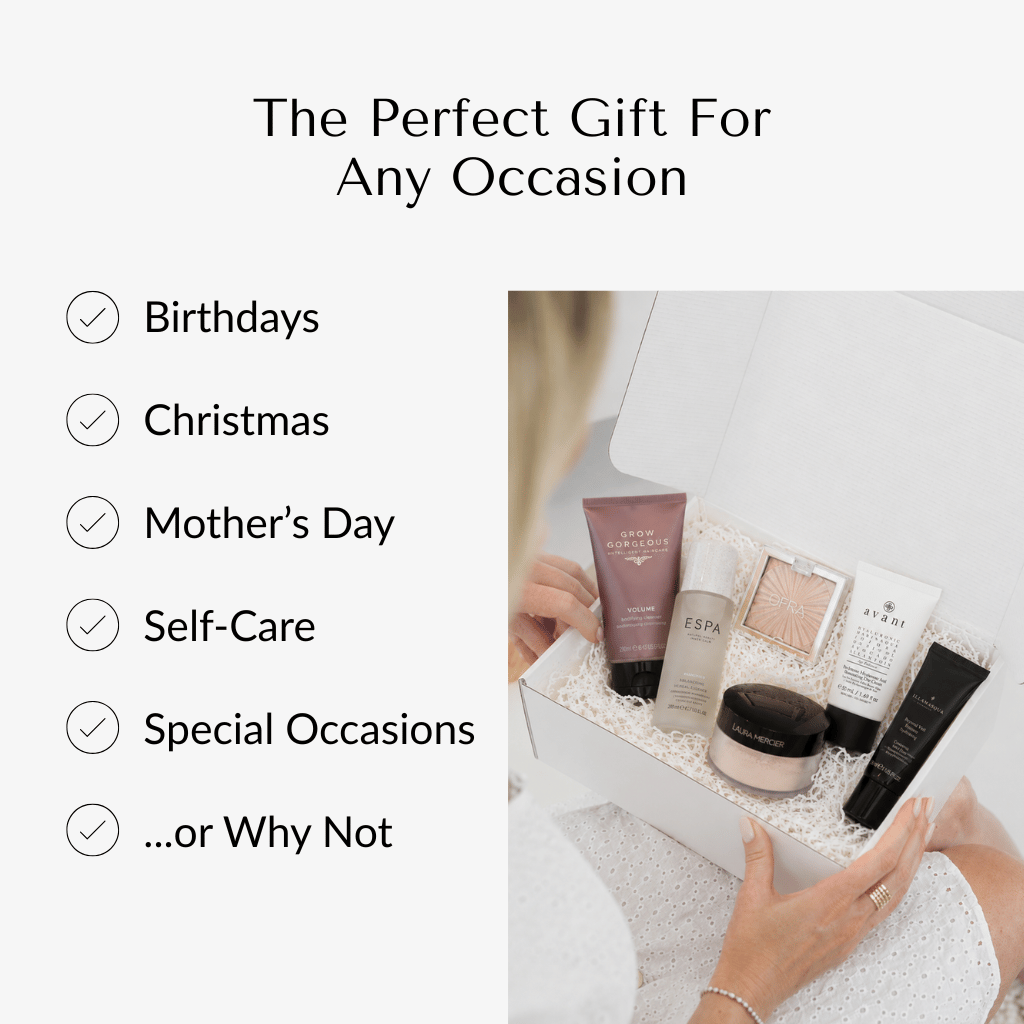 A promotional graphic for a curated gift box. On the left, text reads 'The Perfect Gift For Any Occasion' with a checklist of occasions: Birthdays, Christmas, Mother's Day, Self-Care, Special Occasions, mystery beauty box, beauty boxes, uk, gift for her
