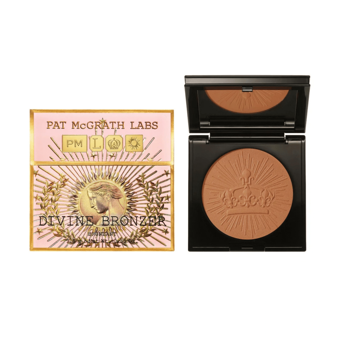 Pat McGrath Labs Divine Bronzer makeup set, showing the pink and gold outer packaging on the left and the open black compact with the pressed bronzer powder on the right, against a plain white background. Pat McGrath Skin Fetish Divine Bronzer, beauty box, gift, uk